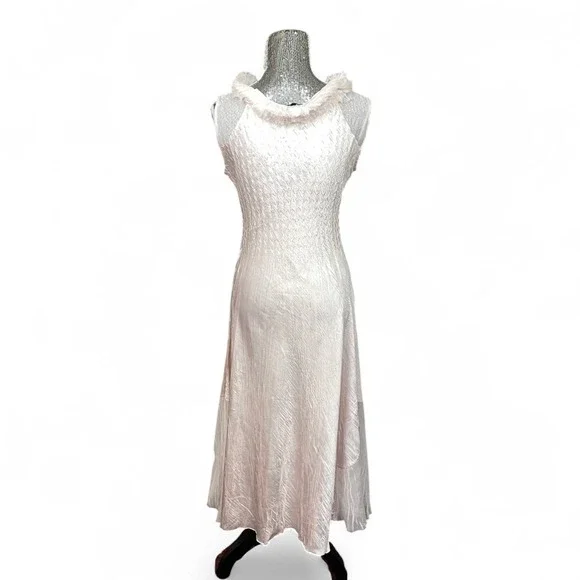 Komarov Crinkle Chiffon Ruffle Trim A-Line Midi Dress Large Pink Romantic  Date Midi